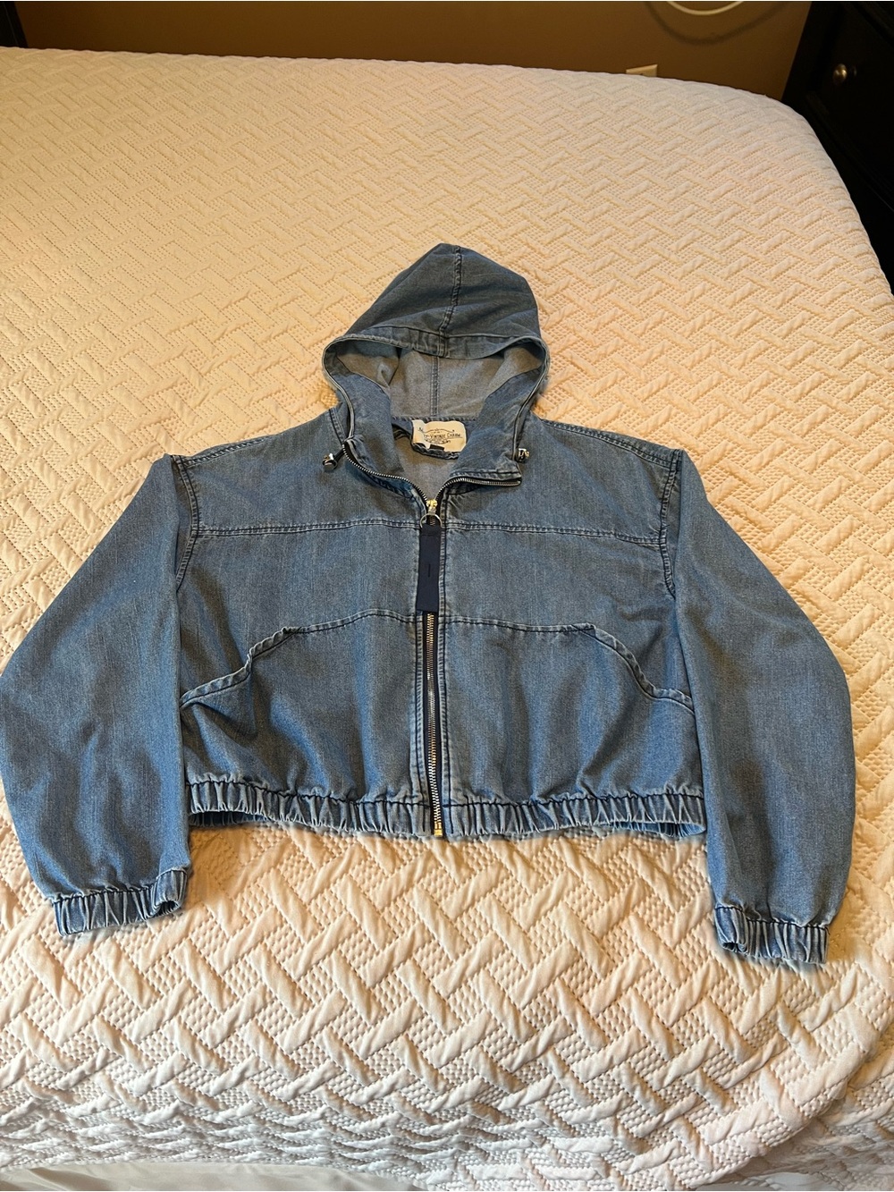 Ashley-Vintage Charm Women's Blue Hooded Full Zip Jacket Pockets Elastic Hem L